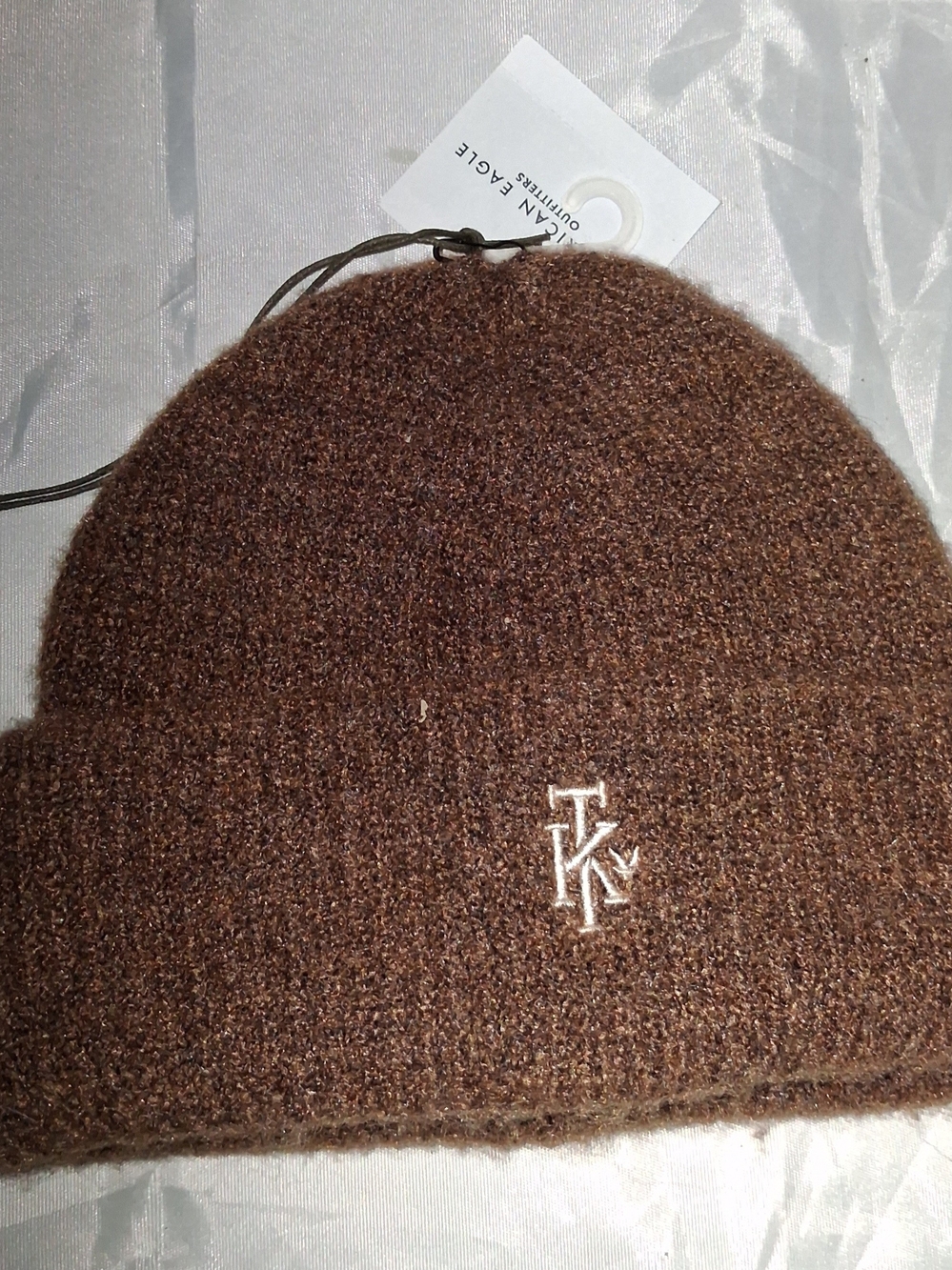 American Eagle Outfitters Brown Knit Beanie with Embroidered Logo